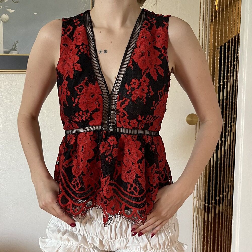 Guess Red & Black Lace Floral Peplum Blouse Size S Work Office Goth Romantic